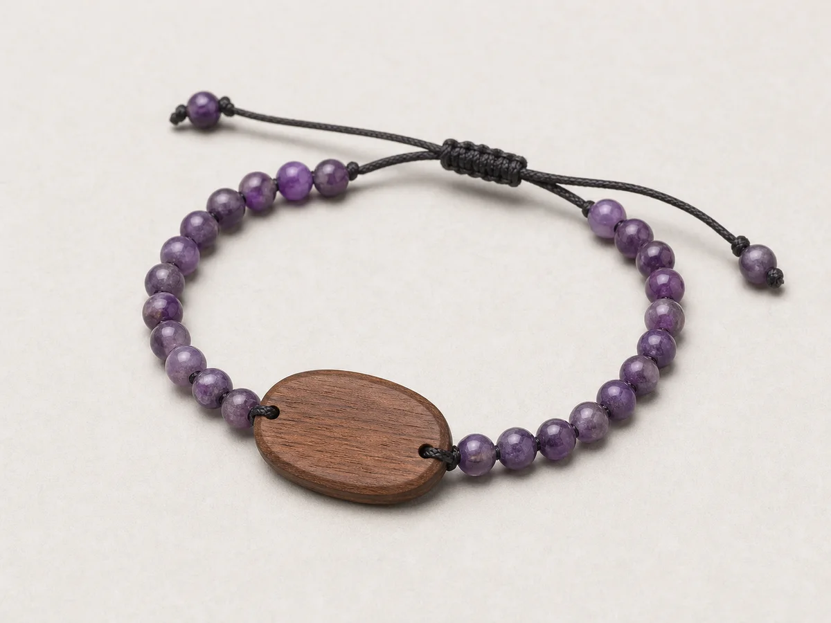 Adjustable amethyst stone-bead RFID wristband with a sealed walnut faceplate