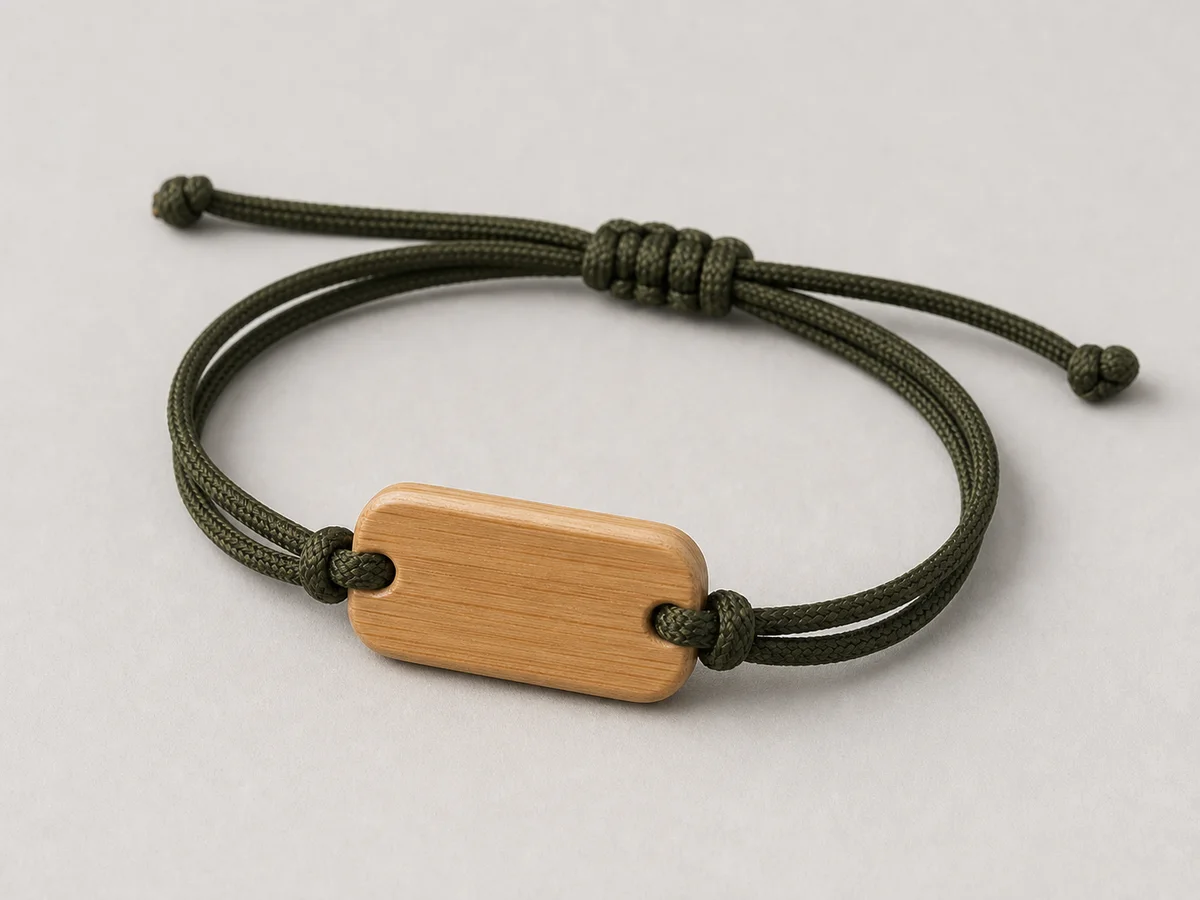 Olive cord RFID wristband with a slim sealed bamboo faceplate