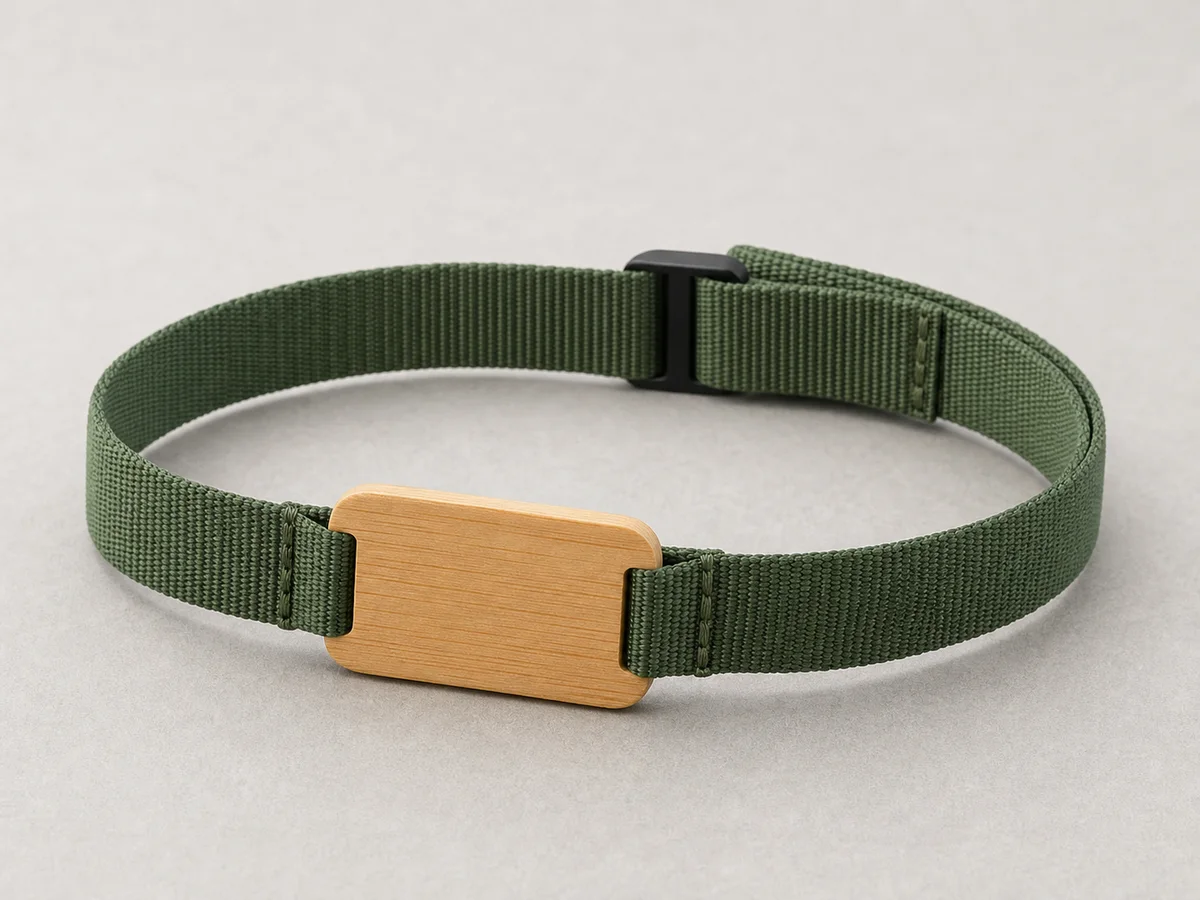 Forest-green recycled-polyester RFID wristband with a bamboo faceplate