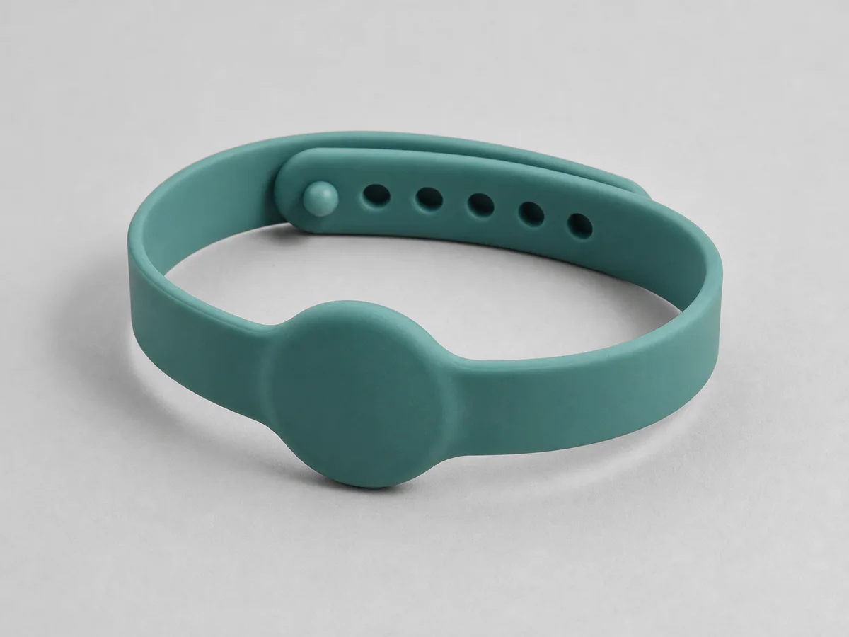 Sea-green silicone RFID wristband with a true circular credential face