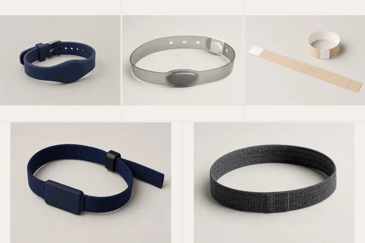 Five exact RFID wristband constructions showing buckle, snap, adhesive, slider and stretch closures