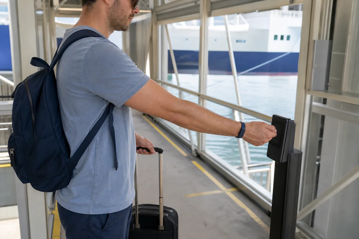 Cruise passenger presenting a slim RFID wristband at an unbranded gangway reader
