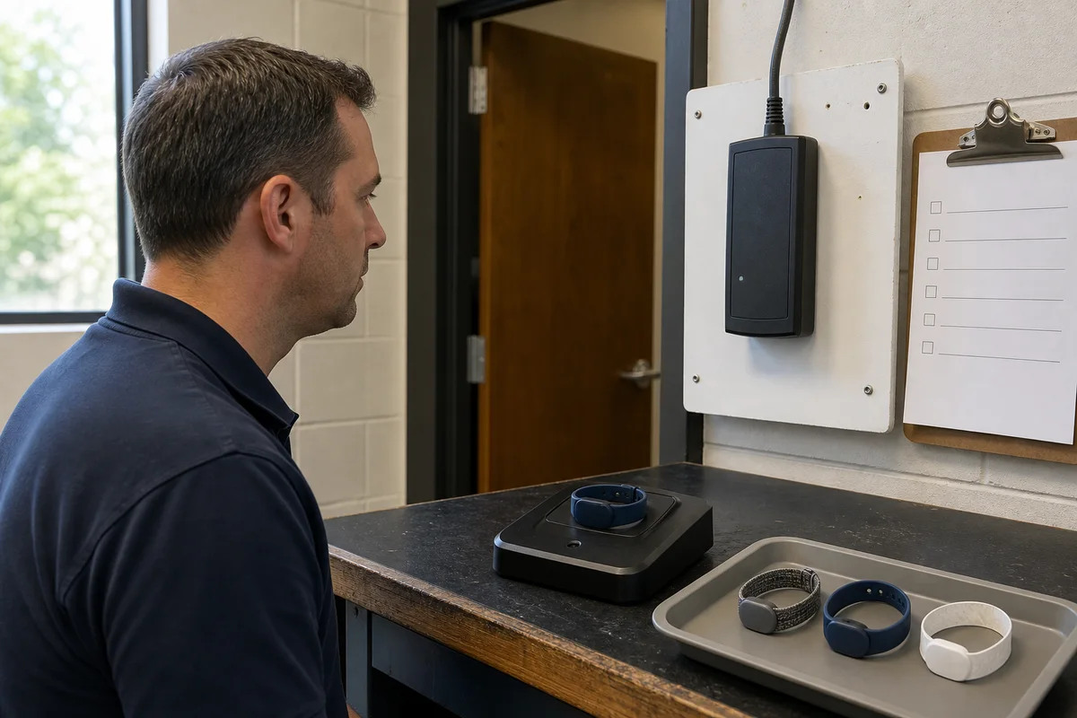 Resort operations specialist reviewing RFID wristband samples at a controlled reader test bench