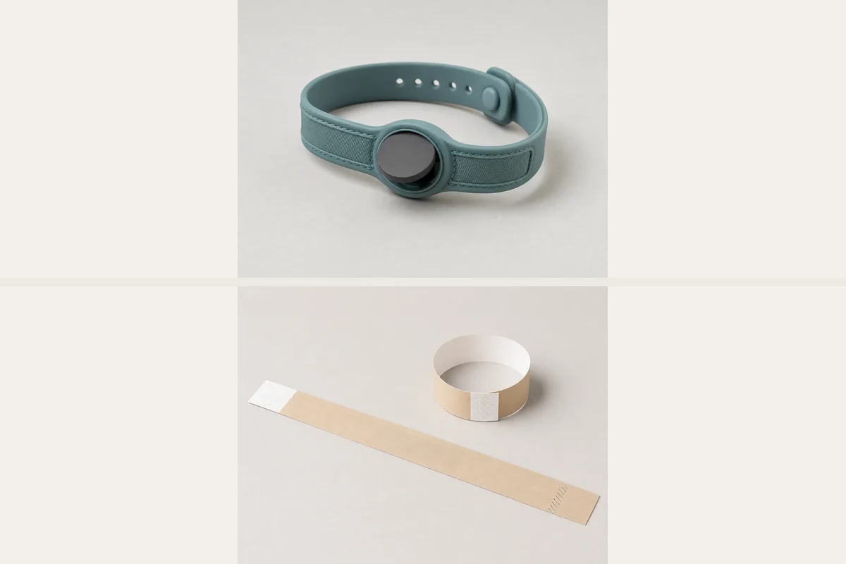 Reusable pop-out RFID module wristband compared with a coated single-use day-pass wristband