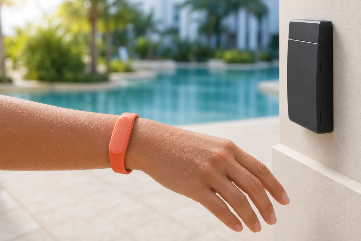 A warm-coral RFID wristband on a relaxed wrist approaching an unbranded pool access reader