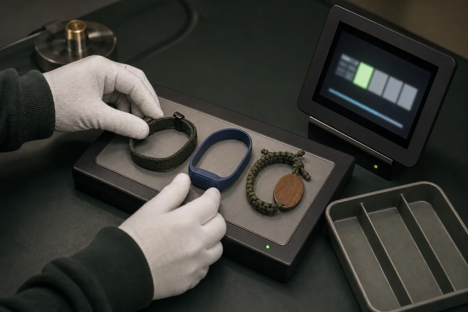 An operator testing several RFID wristband constructions at an encoding station
