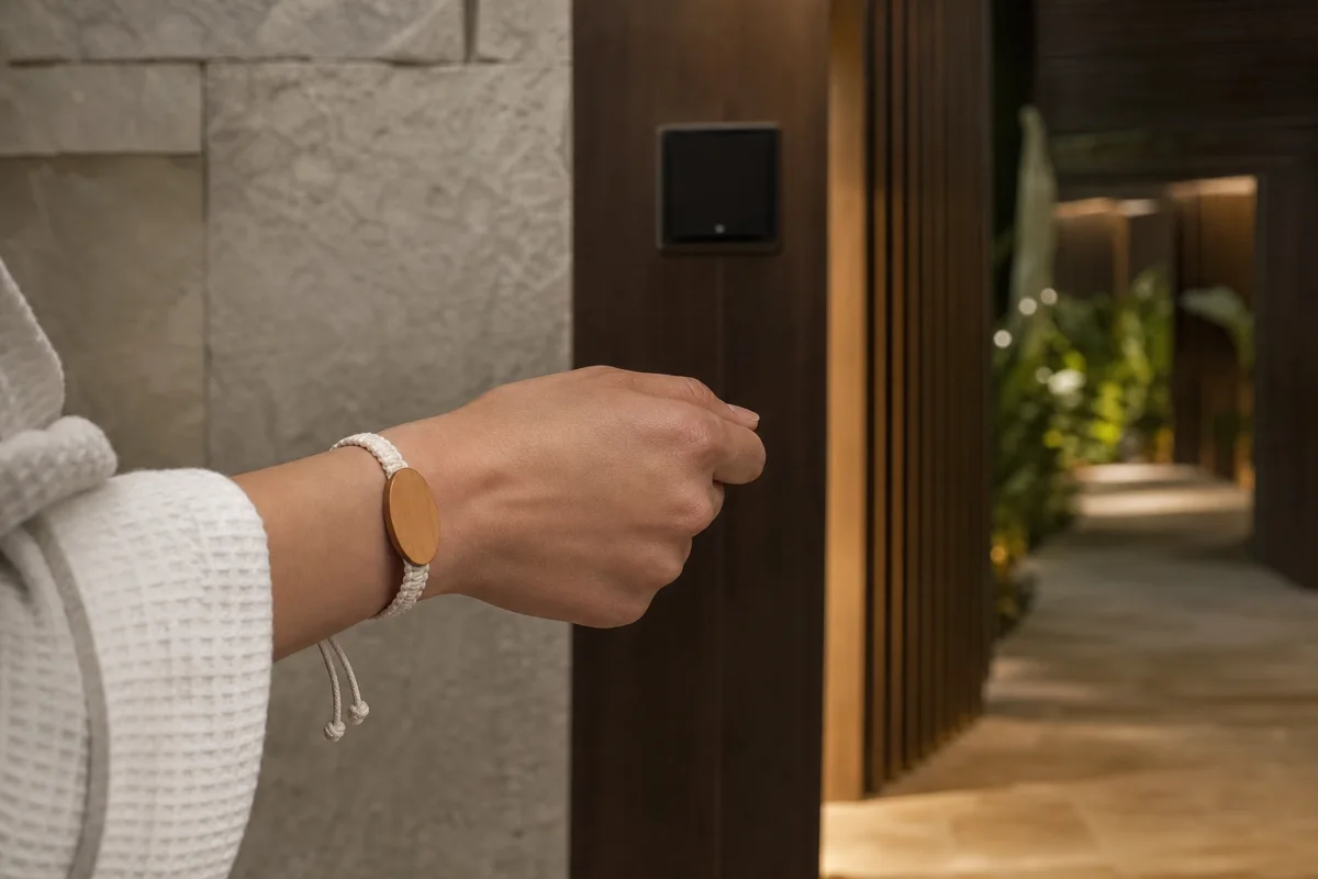 A wood and cord RFID wristband worn in a calm generic resort spa setting